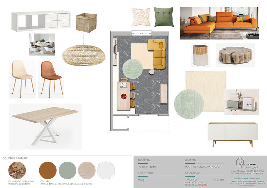 Moodboard planimetria soggiorno_Il soggiorno e lo studio dai Colori Caldi di Mauro