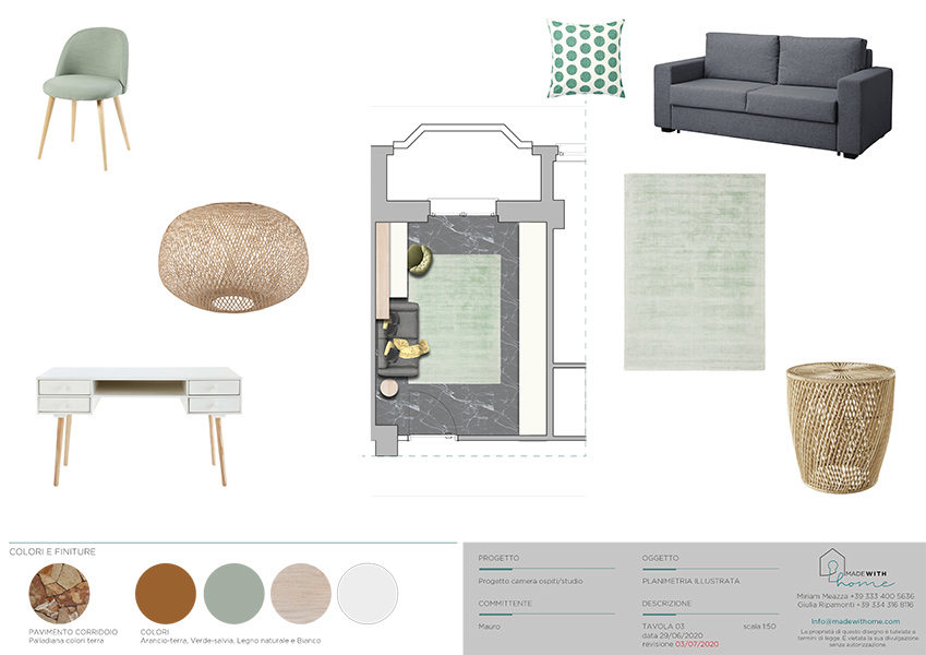 Moodboard planimetria studio_Il soggiorno e lo studio dai Colori Caldi di Mauro