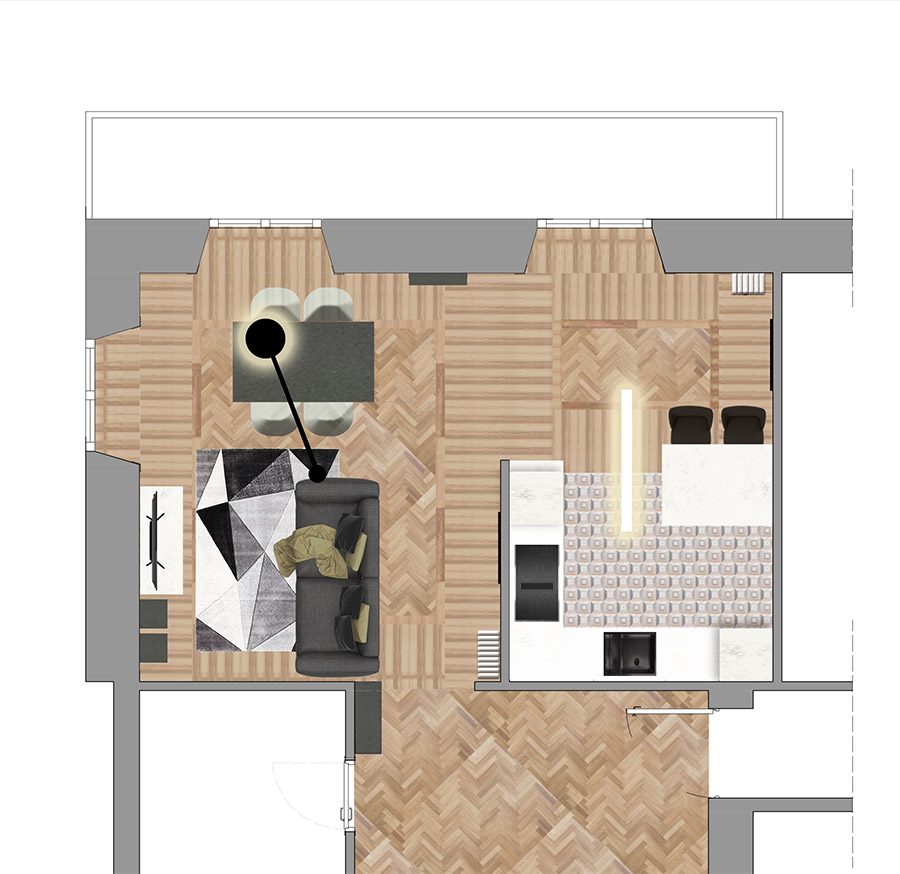 Planimetria illustrata_La zona giorno Minimal di Alessandra